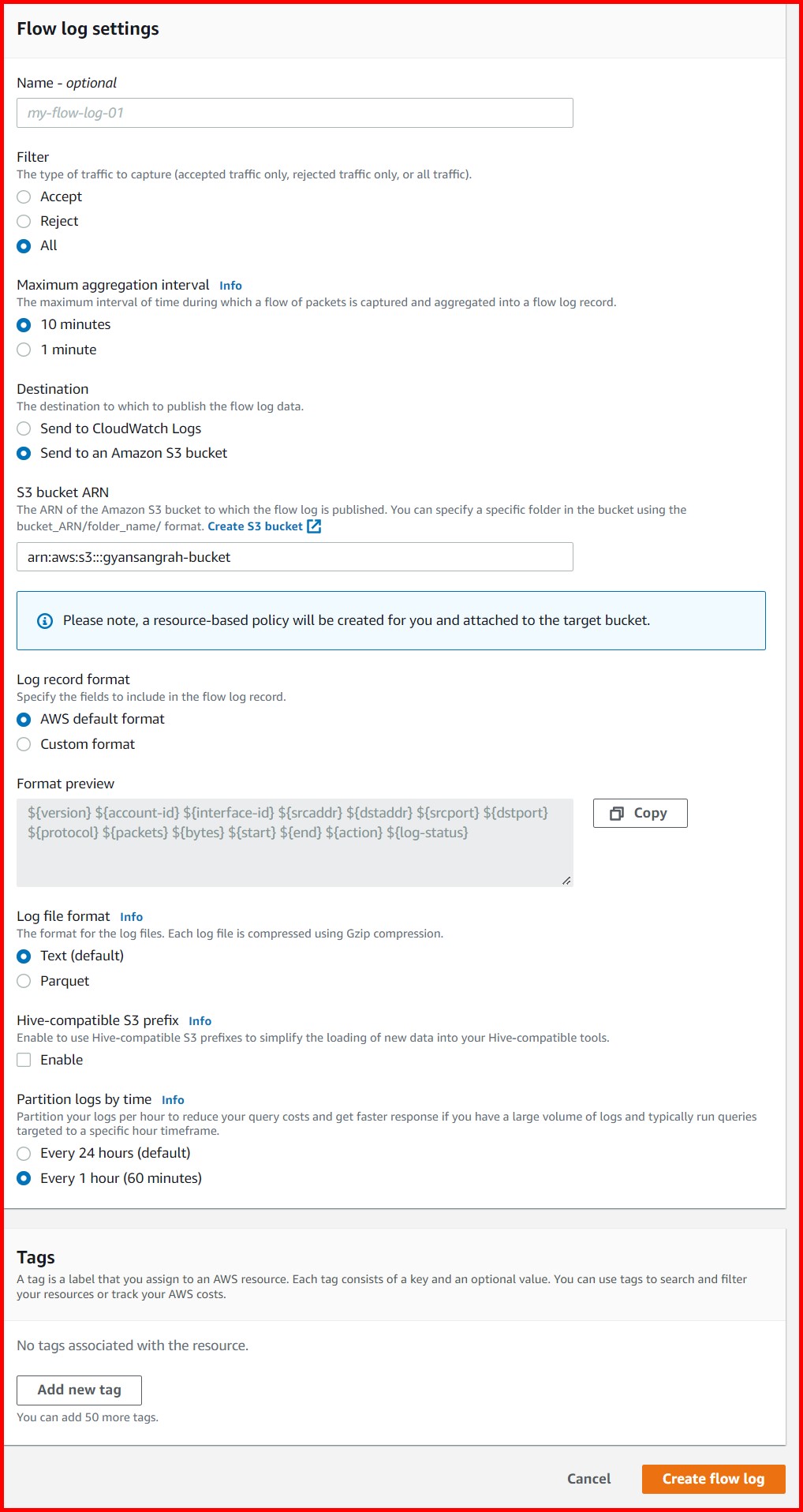 Picture showing a screen to create the new flow log
